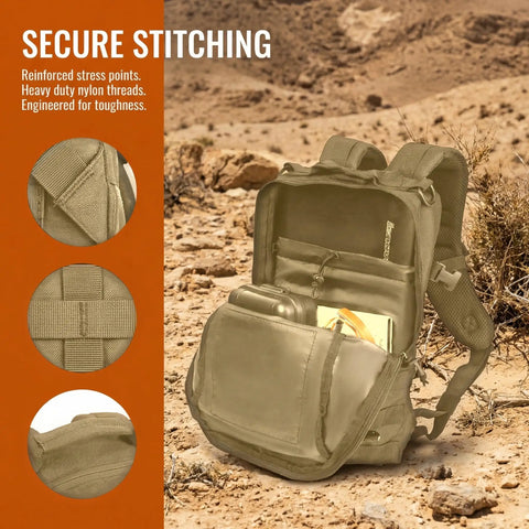 Open view of Compact 12L Tactical Backpack For Outdoor Adventures, showcasing multiple compartments and secure stitching.