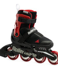 Microblade Free 3WD Kids Adjustable Inline Skates With Lace Free Closure And 4 Size Range In Black And Red, side view.