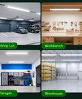 4 Foot LED Shop Light With Reflector For Garage Tasks, 3CCT Selectable, installation examples in parking lot, workbench, garage, warehouse