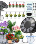 Solar Powered Automatic Drip Irrigation System Kit For DIY Gardens And Indoor Outdoor Use With 9 Timing Modes And Anti Siphon Prevent Battery Backup Weatherproof IP65 Great For Balcony Patio And Yard displayed with plants and components