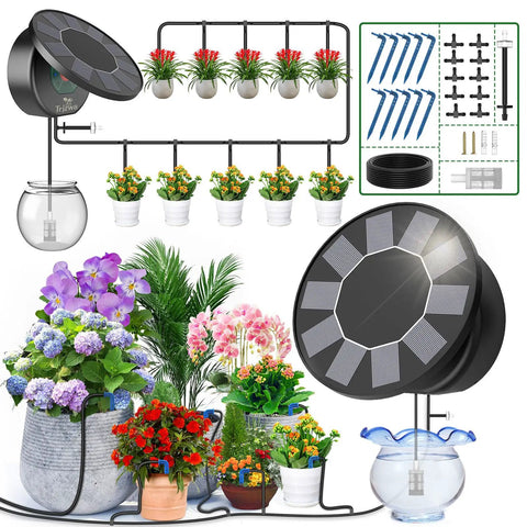 Solar Powered Automatic Drip Irrigation System Kit For DIY Gardens And Indoor Outdoor Use With 9 Timing Modes And Anti Siphon Prevent Battery Backup Weatherproof IP65 Great For Balcony Patio And Yard displayed with plants and components