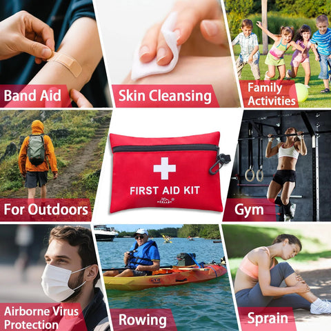 Red travel first aid kit pouch with white cross, centered in a lifestyle collage showing outdoors, gym, and family activities