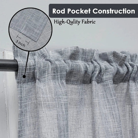 Gray Tassel Linen Textured Swag Valances for Farmhouse Kitchen and Small Windows, 36x63 Inch with Rod Pocket