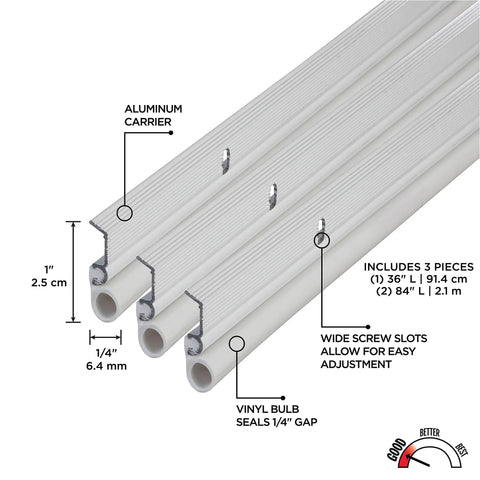 White Aluminum And Vinyl Door Seal Kit With Screw On Top And Sides Blocks Drafts Moisture Dust And Insects Includes One 36 Inch L Strip And Two 84 Inch L Strips For Exterior And Interior Doors showing aluminum carrier and vinyl bulbs