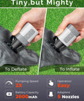 Hand holding Ultra Fast Mini Air Pump For Inflatables With 2600mAh Battery And Camp Light inflating and deflating mat