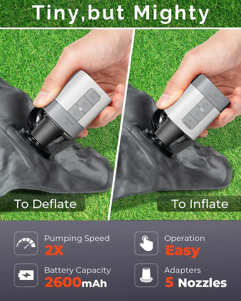 Hand holding Ultra Fast Mini Air Pump For Inflatables With 2600mAh Battery And Camp Light inflating and deflating mat