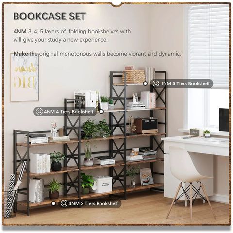 Dope Five Tier Folding Bookshelf Brings Hassle Free Assembly And Slick Industrial Vibes To Your Space Perfect For Bedroom Living Room Or Home Office With Super Sturdy Rustic Brown Shelving Units shown in a home office setup.