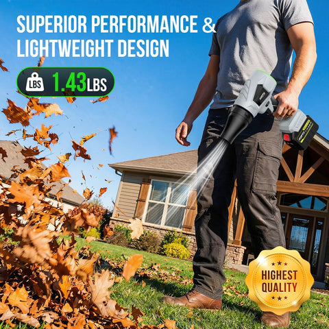 Person using Cordless Leaf Blower Handheld Turbo Jet With Adjustable Lockable Wind Speeds, Lightweight Patio Cleaner, blowing leaves.