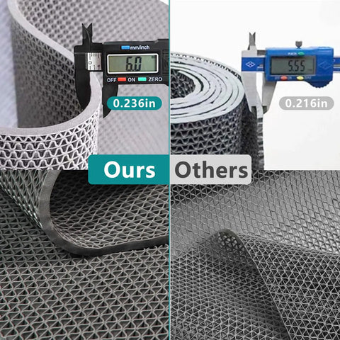 Comparison of Grippy Non Slip Drainage Mats PVC Pool Floor Mat 0.23 Inch Thick with competitor's mat.