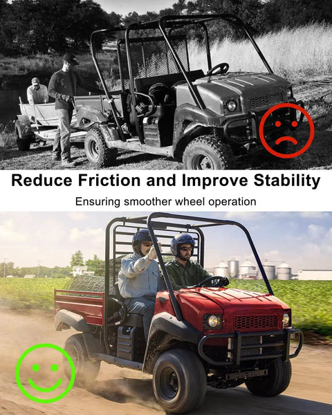 Kawasaki Mule ATV with and without Front Axle Suspension Knuckle Wheel Bearing Collar Kit, showing improved stability.
