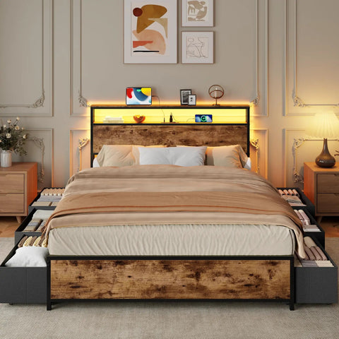 Queen Bed Frame With A Slick Two Tier Storage Headboard And Built In Charging Station Plus Six Roomy Drawers For A Game Changing Sleep Setup And Effortless Daily Flow in modern bedroom design.