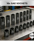16x SAE sockets from Impact Socket Set For Auto Work, 50 Piece Six Point Drive Three Eighths Inch, SAE And Metric Sizes, Cr-V Steel