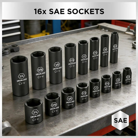 16x SAE sockets from Impact Socket Set For Auto Work, 50 Piece Six Point Drive Three Eighths Inch, SAE And Metric Sizes, Cr-V Steel