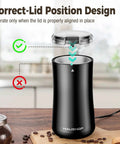 One Touch Electric Coffee Grinder for Beans, Spices, Herbs and Seeds; correct lid position detail, compact black kitchen mill.