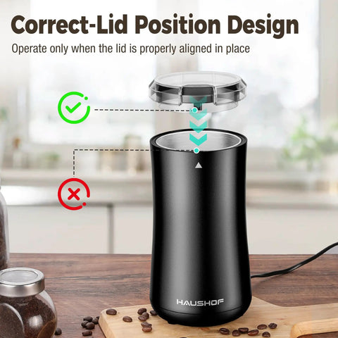 One Touch Electric Coffee Grinder for Beans, Spices, Herbs and Seeds; correct lid position detail, compact black kitchen mill.