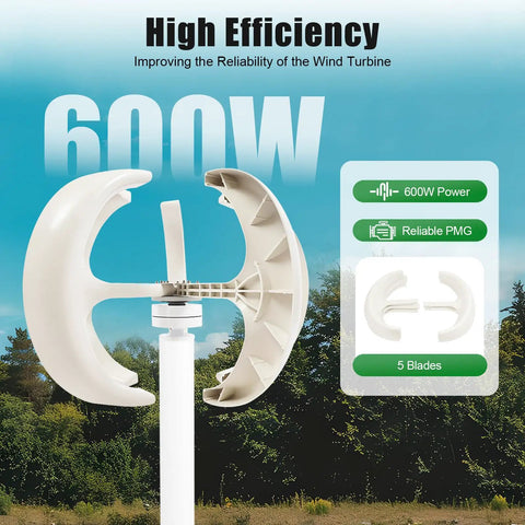 High Efficiency 600W 12V Wind Turbine Kit With 5 Blade Vertical Axis Windmill