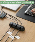 90 Piece Nylon Cable Labels And Cord Ties Set for home office travel organizing cables on desk with keyboard and phone.