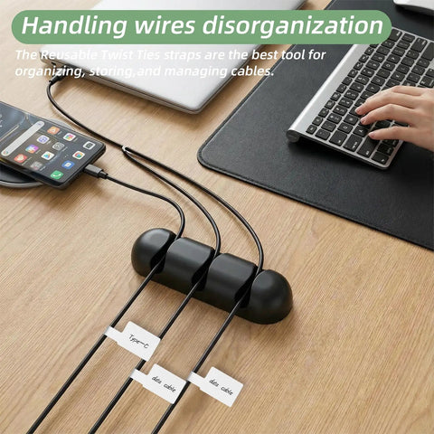 90 Piece Nylon Cable Labels And Cord Ties Set for home office travel organizing cables on desk with keyboard and phone.