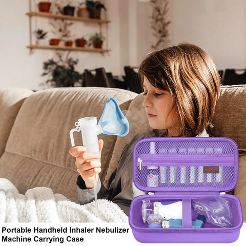 Child using inhaler with Portable Nebulizer Case On The Go For Handheld Inhalers And Spacers Travel Organizer shown open on couch