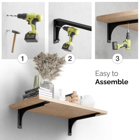 Installation steps for 14 Inch L Bracket With Beam Heavy Duty Shelf Brackets Black 300 Pound Capacity Wall Mounted Supports For Floating Shelves DIY Hardware Included Pack Of 4
