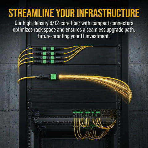 Real Deal MPO Fiber Patch Cable Single Mode 8 Core Type B Female To Female Network Optic Jumper 1 Meter in server rack setup.