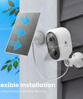 Go Wire-Free Solar Outdoor Security Camera With 2K Color Night Vision installed on house exterior with solar panel.