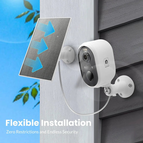 Go Wire-Free Solar Outdoor Security Camera With 2K Color Night Vision installed on house exterior with solar panel.