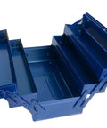 Open Blue 3-Tier Tool Box Organizer, Heavy-Duty Metal Chest for Home Workshop, showing compartments, size 16.1 x 8.7 x 13.6 inches.