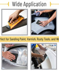 Various uses of Pro Grade Sandpaper Set With Handle, 36 Sheets, 12 Grits Waterproof Silicon Carbide for sanding projects.