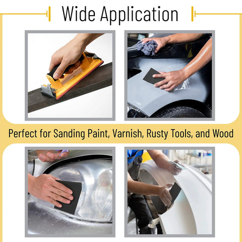 Various uses of Pro Grade Sandpaper Set With Handle, 36 Sheets, 12 Grits Waterproof Silicon Carbide for sanding projects.