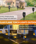 Outdoor Solar Torch Lights 6 Pack With Flickering Flame on garden pathway during night and day