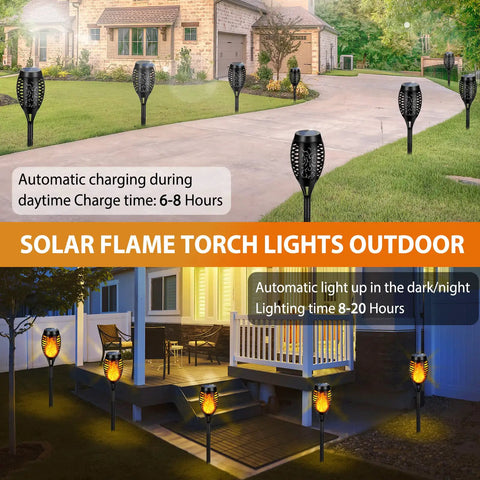 Outdoor Solar Torch Lights 6 Pack With Flickering Flame on garden pathway during night and day