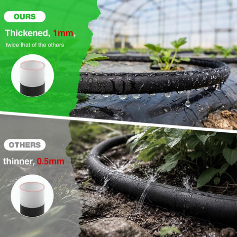 Heavy Duty Thickened Flat Soaker Hose 100Ft With Copper Joint, 1mm vs 0.5mm Wall Comparison, Garden Watering Efficiency