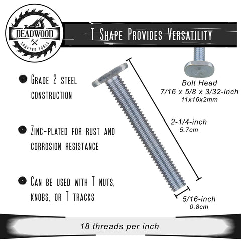 Diagram highlighting features of T Slot Bolt Set 20 Pack Two And A Quarter Inch Tee Bolts For Woodworking And T Track Jig Bolts