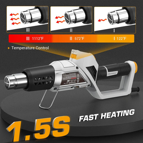 Pro Grade 2 In 1 Heat Gun With Rotatable Handle And Stand, 1500W, showing adjustable temperature control and fast heating.
