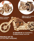 Wooden Motorcycle Kit VM02 3D Puzzle Mechanical Bike Model With Rubber Band Engine DIY Plywood Build For Vehicle Enthusiasts Bikers And Gearheads Realistic Belt Drive Motion, side view