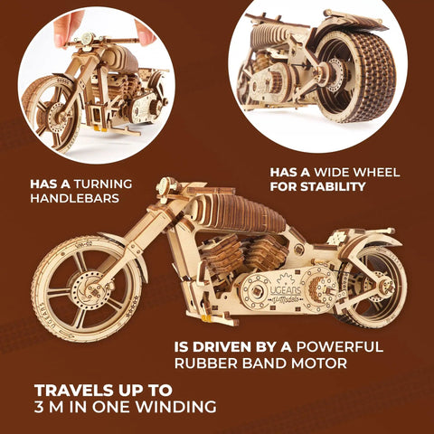 Wooden Motorcycle Kit VM02 3D Puzzle Mechanical Bike Model With Rubber Band Engine DIY Plywood Build For Vehicle Enthusiasts Bikers And Gearheads Realistic Belt Drive Motion, side view