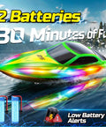 Totally Fun 2.4GHz RC Boat For Kids And Adults in action with LED lights, dual batteries shown, perfect water toy for day or night.