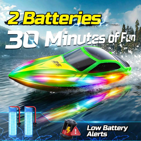 Totally Fun 2.4GHz RC Boat For Kids And Adults in action with LED lights, dual batteries shown, perfect water toy for day or night.