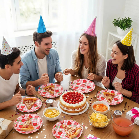 100 Pack Strawberry Grid Paper Plates 9 Inch Disposable Summer Fruit Dessert Tableware For Birthday Baby Shower Wedding, party setup.