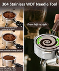 Ultimate 4 In 1 Espresso Accessories Kit For 51mm Portafilters With WDT Tool, shown using a needle to distribute coffee evenly.