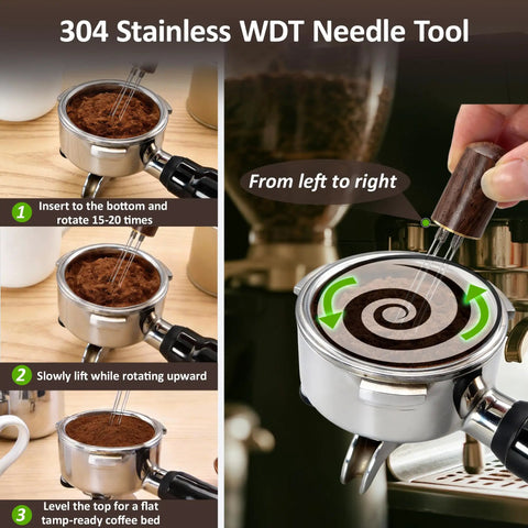 Ultimate 4 In 1 Espresso Accessories Kit For 51mm Portafilters With WDT Tool, shown using a needle to distribute coffee evenly.