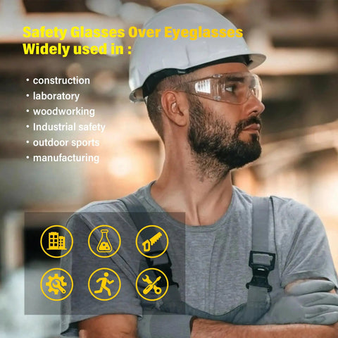 Man wearing safety glasses with hard hat, showcasing Six Pack Of Crystal Clear Safety Glasses Over Eyeglasses With Kickass Impact Resistant Polycarbonate Lenses, No Sweat ANSI Z87.1 Protective Eyewear For Hard Hat Jobs, Construction, And Backyard Chores.