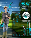 Man holding Six In One Pole Saw And Cordless Hedge Trimmer Kit with telescopic pole and adjustable head in garden.