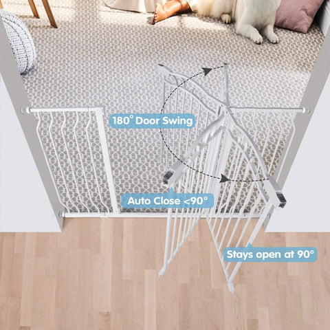 Adjustable 29.5 To 53 Inch Wide Baby Gate For Doors And Stairs, 30 Inch Tall, Pressure Mounted, Auto Close Safety Gate For Pets And Kids, Extra Wide White showing door swing