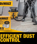 DeWalt vacuum cleaner with packaging for DXV series, shown in use on dusty floor. Efficient dust control text at bottom.