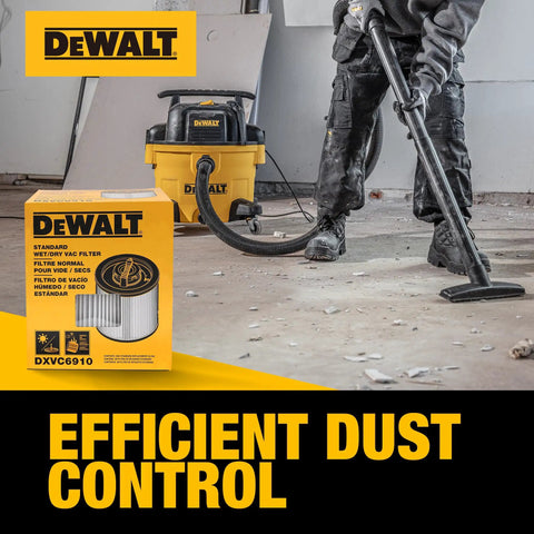 DeWalt vacuum cleaner with packaging for DXV series, shown in use on dusty floor. Efficient dust control text at bottom.