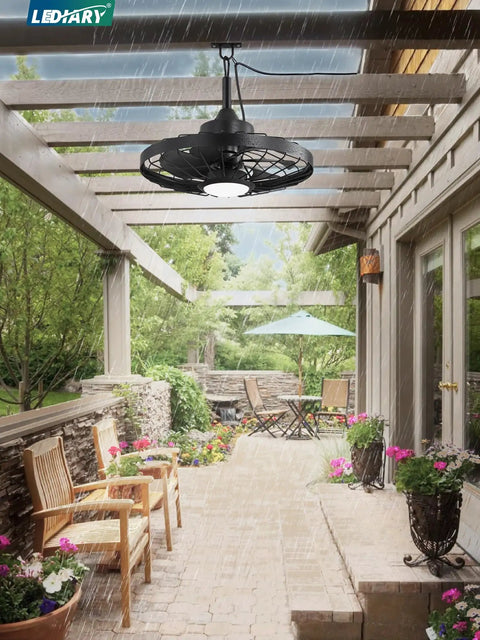 Outdoor Ceiling Fan With Lights For Patio And Gazebo IP65 Waterproof Hanging Fan with remote in a covered garden setting