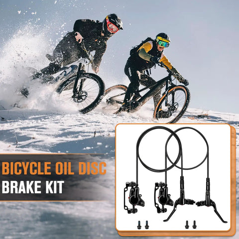Bicyclists riding in snow with 4 Piston Hydraulic Disc Brakes Set for Mountain Bike and E Bike With Front Left Hose 80cm