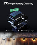 Exploded view of 8 Pack Solar Deck Lights Outdoor Waterproof IP68 LED Pathway Markers showing battery and solar panel.